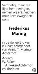 overlijdensadvertentie frederikus maring -3 in 2008.